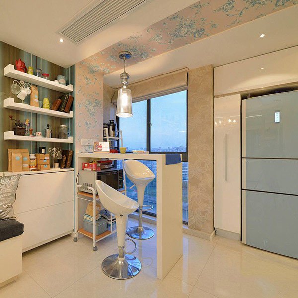 北京在水一方50平米一居室简约白色客厅小吧台装修效果图